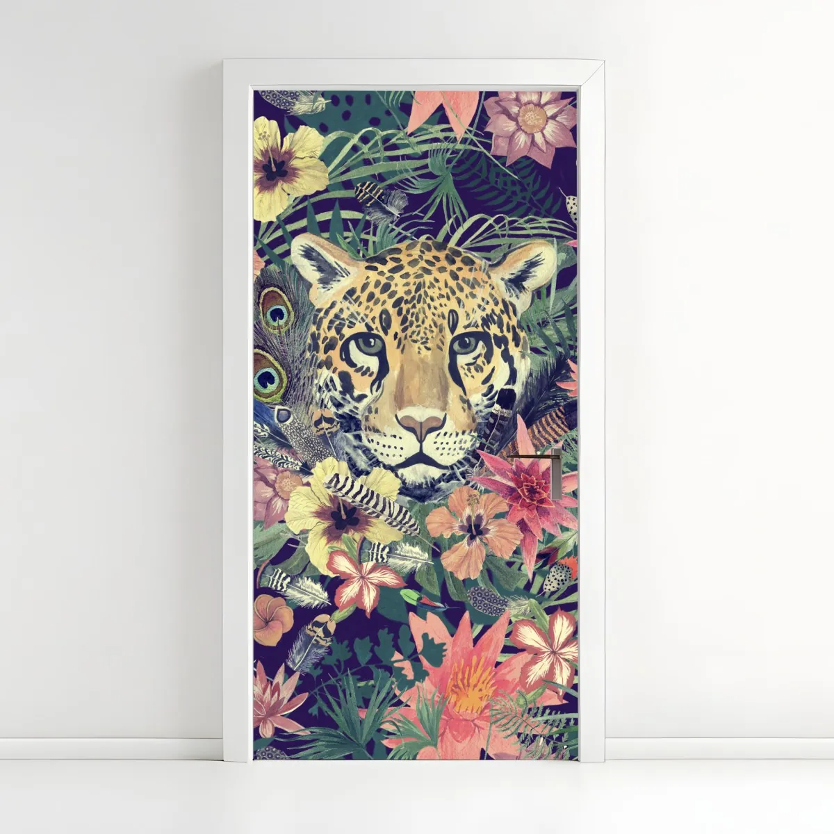 Naklejka na drzwi vintage akwarelowy lampart w tropikalnych liściach – Wallissimo® Naklejka na drzwi vintage akwarelowy lampart w tropikalnych liściach – Wallissimo®