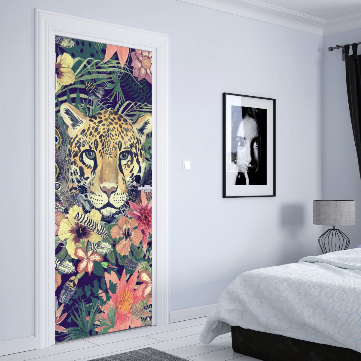 Naklejka na drzwi vintage akwarelowy lampart w tropikalnych liściach – Wallissimo® Naklejka na drzwi vintage akwarelowy lampart w tropikalnych liściach – Wallissimo®