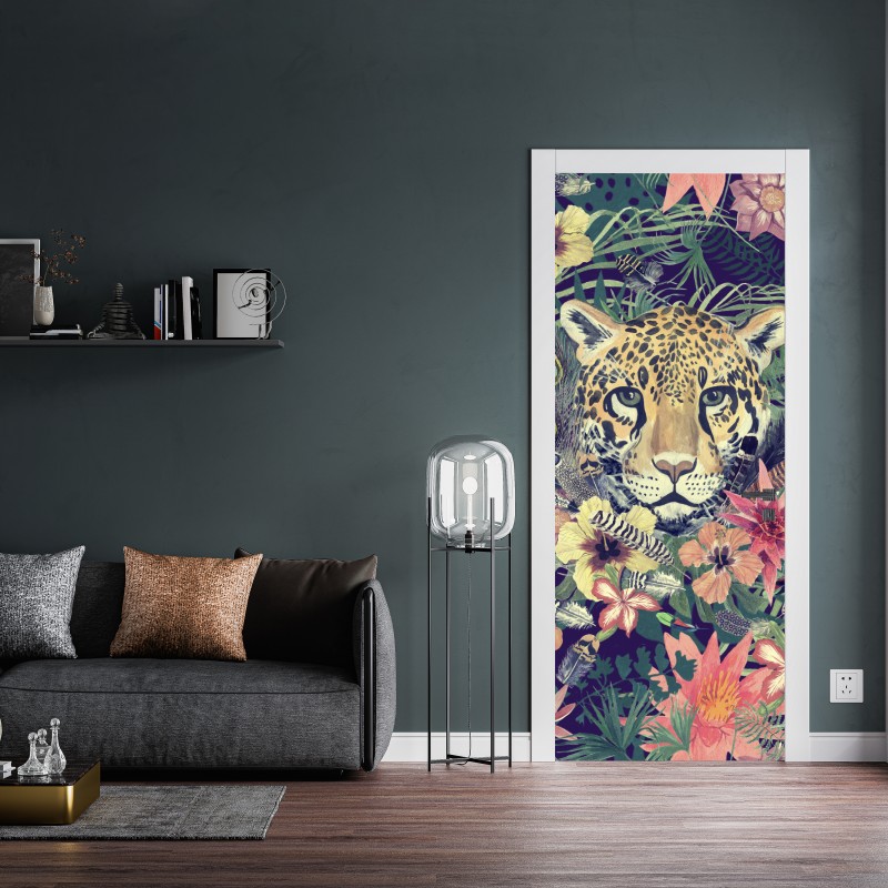 Naklejka na drzwi vintage akwarelowy lampart w tropikalnych liściach – Wallissimo® Naklejka na drzwi vintage akwarelowy lampart w tropikalnych liściach – Wallissimo®