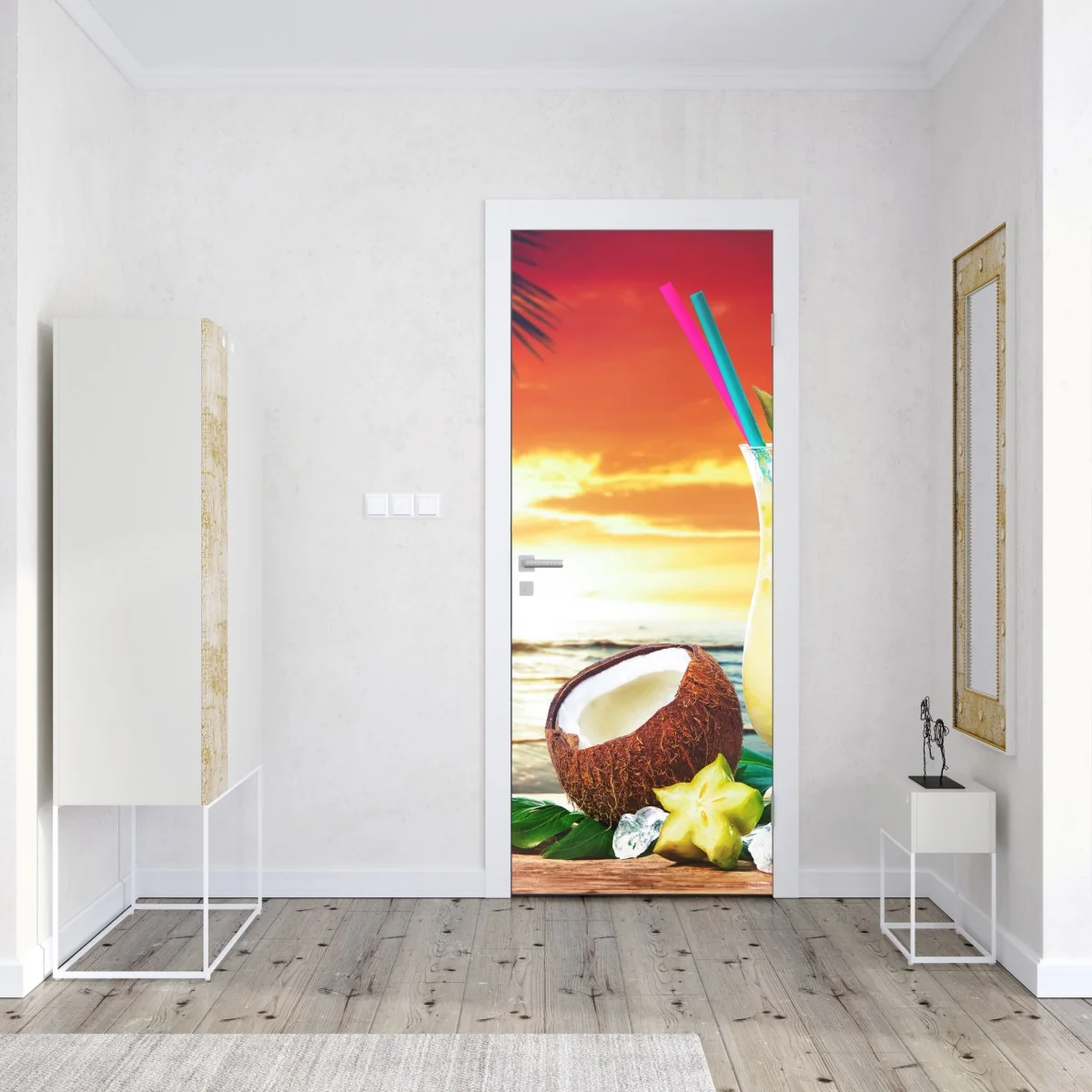 Naklejka na drzwi tropikalny zachód słońca na plaży z koktajlem – Wallissimo® Naklejka na drzwi tropikalny zachód słońca na plaży z koktajlem – Wallissimo®