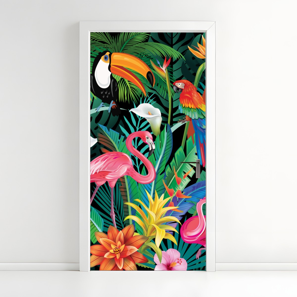 Door sticker vibrant tropical birds and flowers