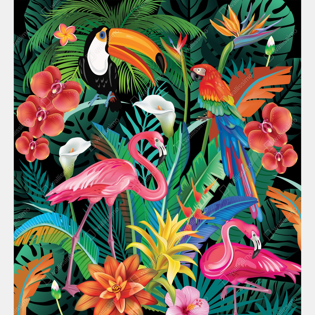 Naklejka na drzwi żywe tropikalne ptaki i kwiaty – Wallissimo® Naklejka na drzwi żywe tropikalne ptaki i kwiaty – Wallissimo®