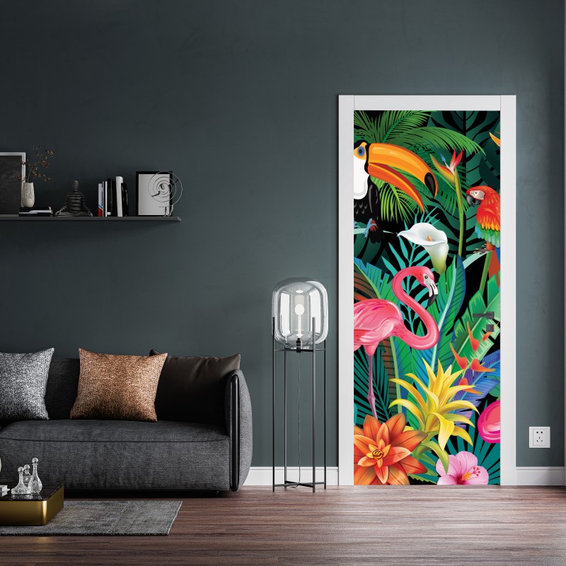 Naklejka na drzwi żywe tropikalne ptaki i kwiaty – Wallissimo® Naklejka na drzwi żywe tropikalne ptaki i kwiaty – Wallissimo®