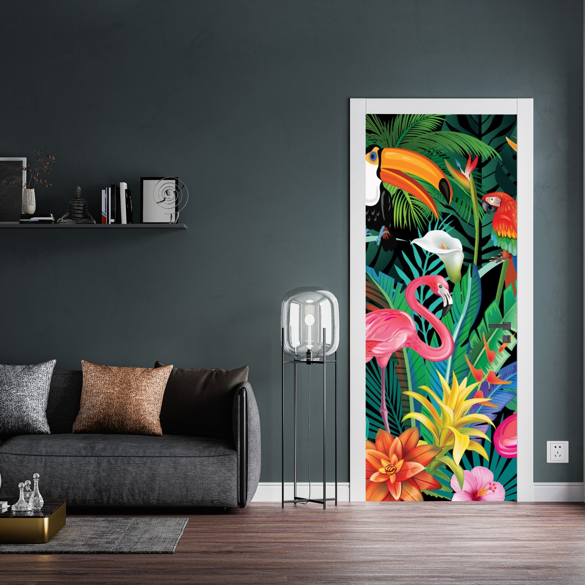 Naklejka na drzwi żywe tropikalne ptaki i kwiaty – Wallissimo® Naklejka na drzwi żywe tropikalne ptaki i kwiaty – Wallissimo®