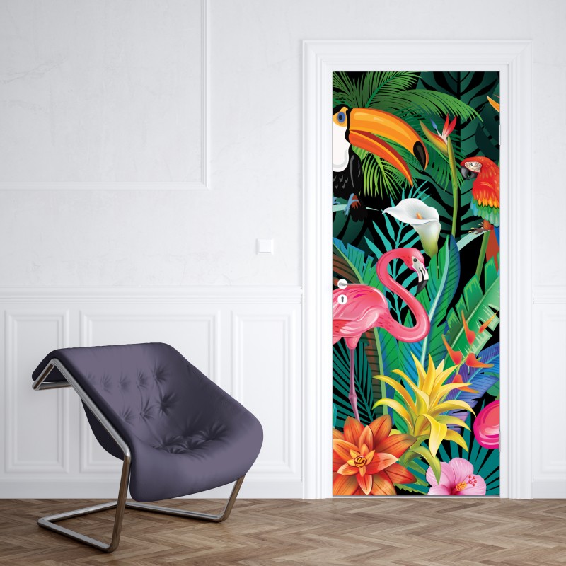 Naklejka na drzwi żywe tropikalne ptaki i kwiaty – Wallissimo® Naklejka na drzwi żywe tropikalne ptaki i kwiaty – Wallissimo®