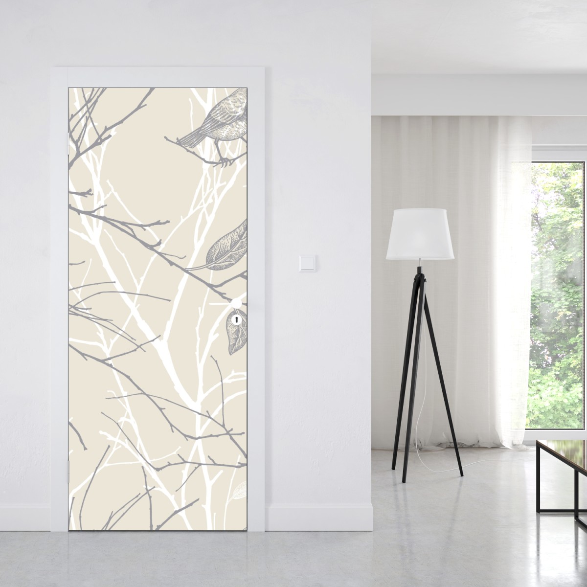 Naklejka na drzwi delikatny beżowy wzór z ptakami i gałęziami – Wallissimo® Naklejka na drzwi delikatny beżowy wzór z ptakami i gałęziami – Wallissimo®