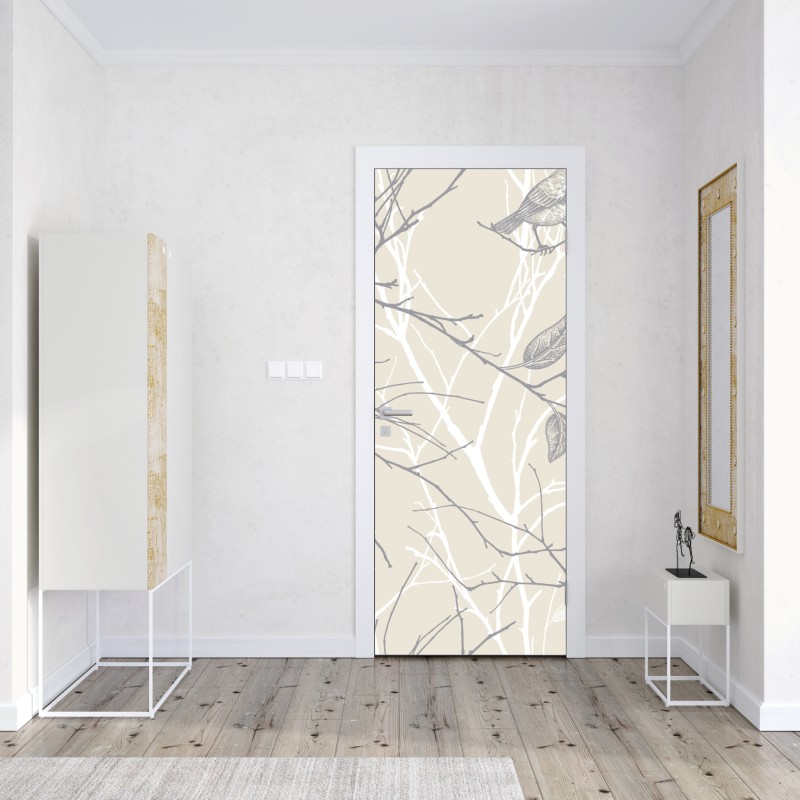 Naklejka na drzwi delikatny beżowy wzór z ptakami i gałęziami – Wallissimo® Naklejka na drzwi delikatny beżowy wzór z ptakami i gałęziami – Wallissimo®
