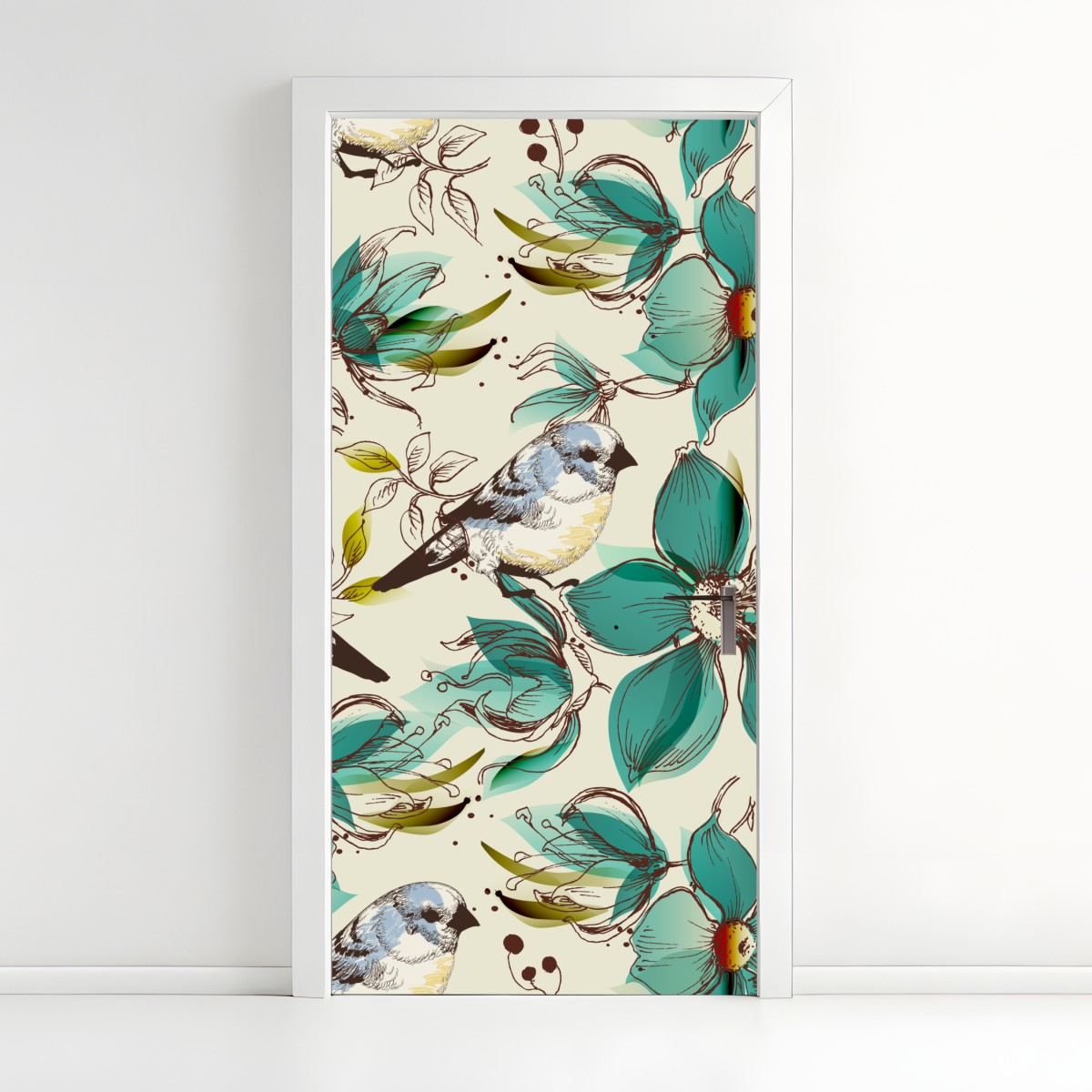 Door sticker retro teal floral and bird pattern