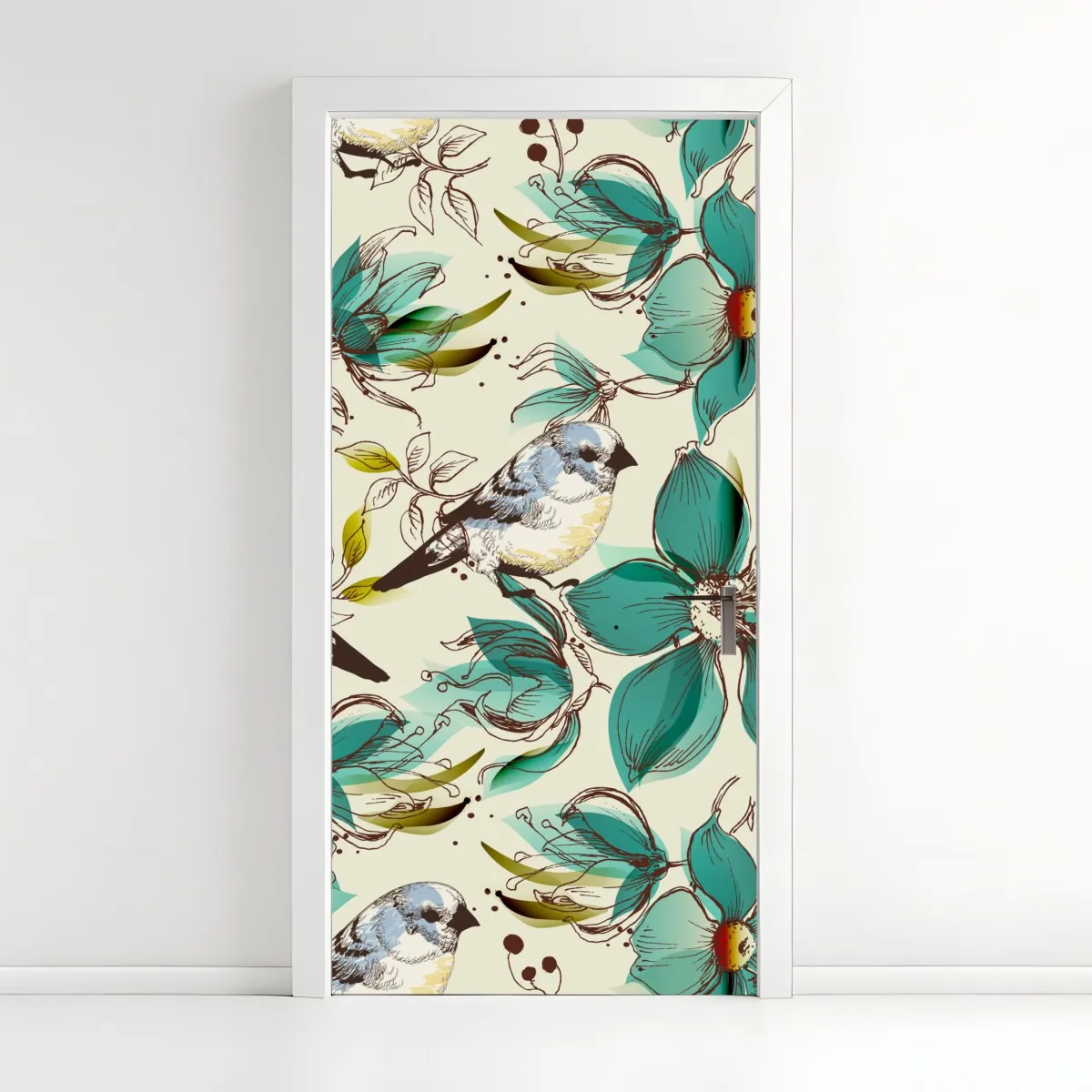 Naklejka na drzwi retro miętowy wzór kwiatów i ptaków – Wallissimo® Naklejka na drzwi retro miętowy wzór kwiatów i ptaków – Wallissimo®