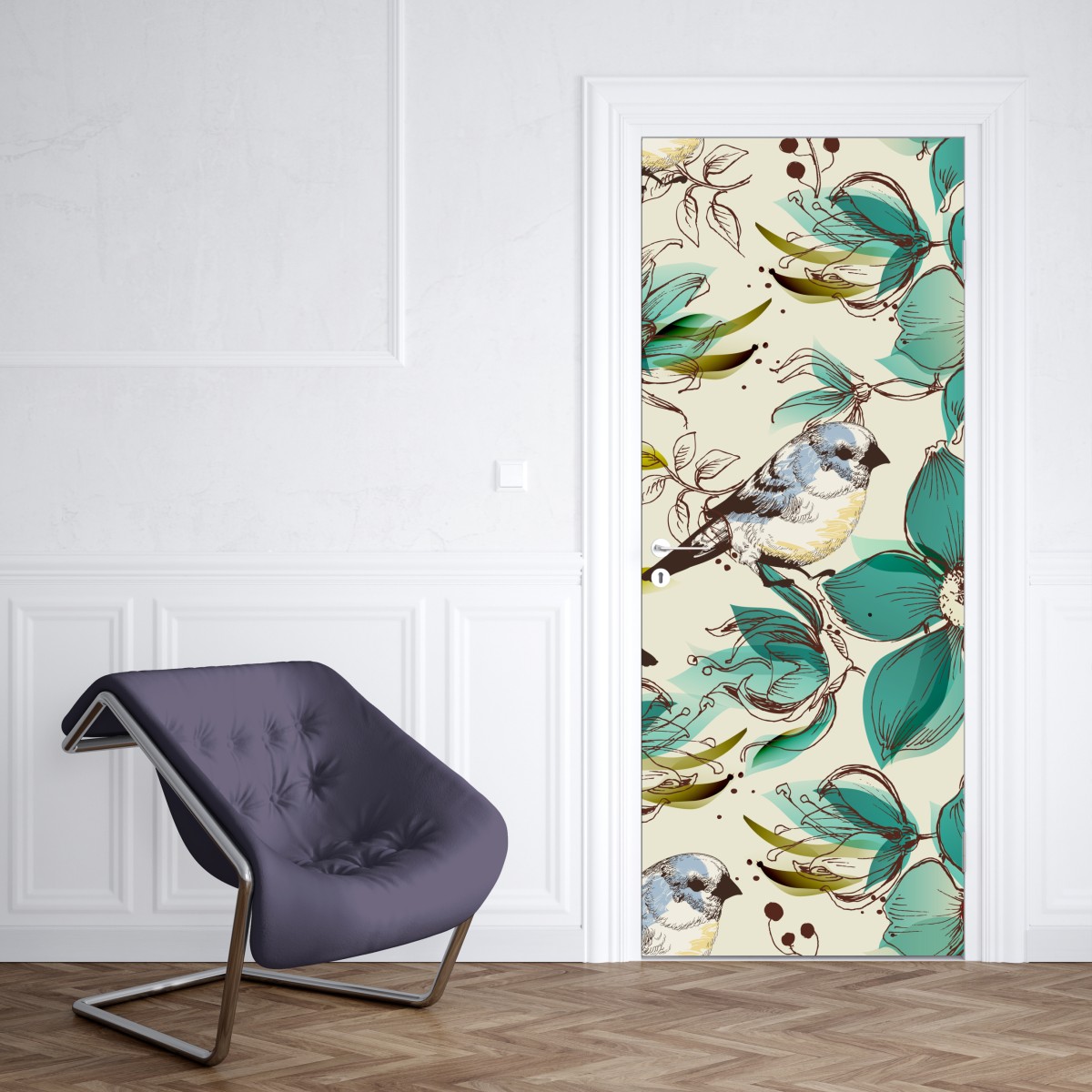 Naklejka na drzwi retro miętowy wzór kwiatów i ptaków – Wallissimo® Naklejka na drzwi retro miętowy wzór kwiatów i ptaków – Wallissimo®