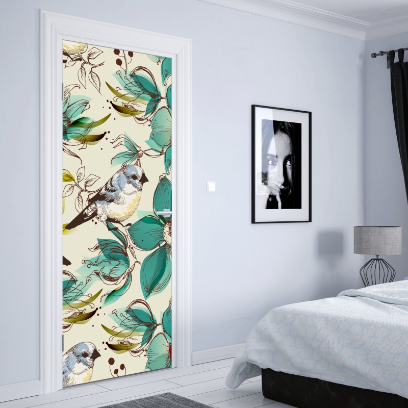 Naklejka na drzwi retro miętowy wzór kwiatów i ptaków – Wallissimo® Naklejka na drzwi retro miętowy wzór kwiatów i ptaków – Wallissimo®