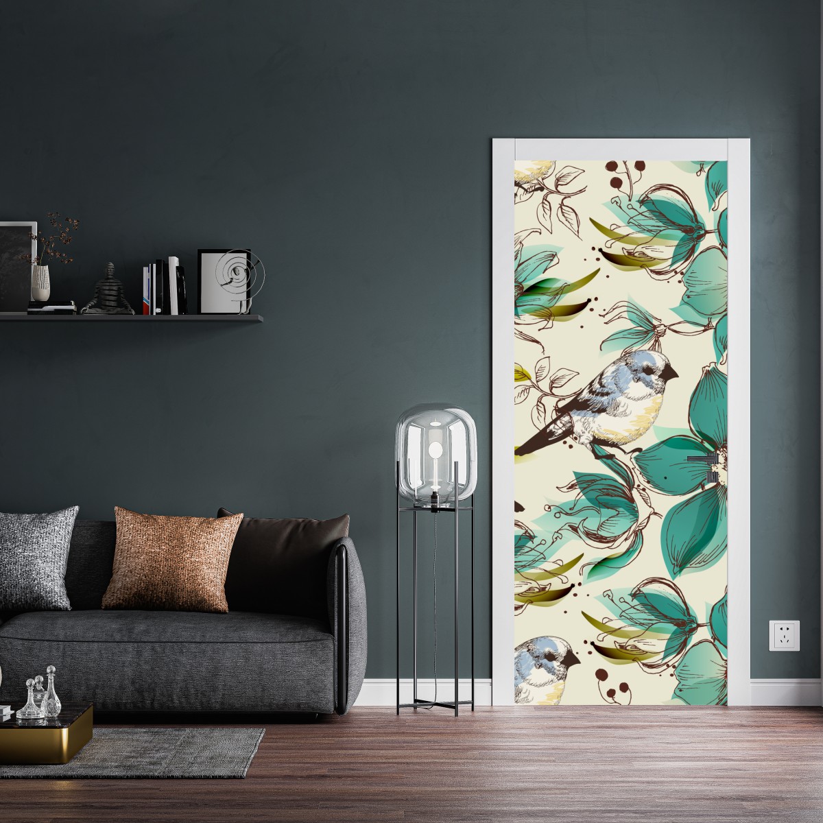 Naklejka na drzwi retro miętowy wzór kwiatów i ptaków – Wallissimo® Naklejka na drzwi retro miętowy wzór kwiatów i ptaków – Wallissimo®