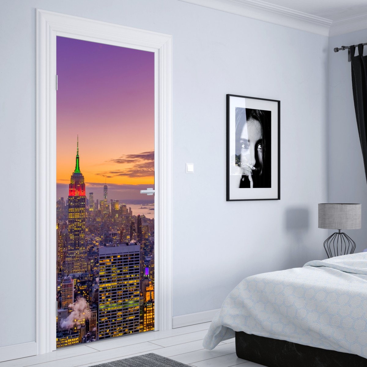 Naklejka na drzwi żywa panorama Nowego Jorku o zmierzchu – Wallissimo® Naklejka na drzwi żywa panorama Nowego Jorku o zmierzchu – Wallissimo®