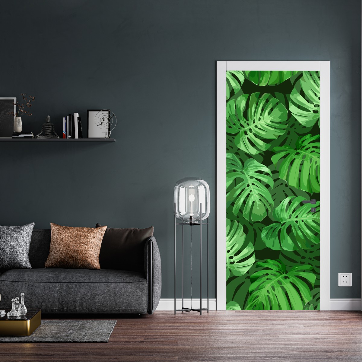 Naklejka na drzwi tropikalny wzór z liśćmi monstery – Wallissimo® Naklejka na drzwi tropikalny wzór z liśćmi monstery – Wallissimo®