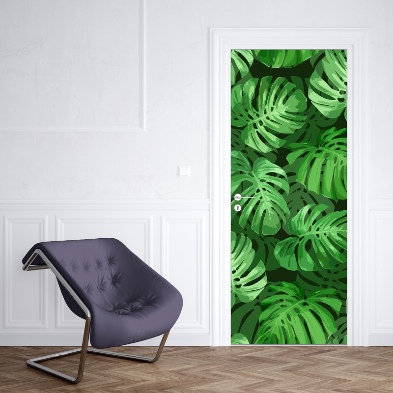 Naklejka na drzwi tropikalny wzór z liśćmi monstery – Wallissimo® Naklejka na drzwi tropikalny wzór z liśćmi monstery – Wallissimo®