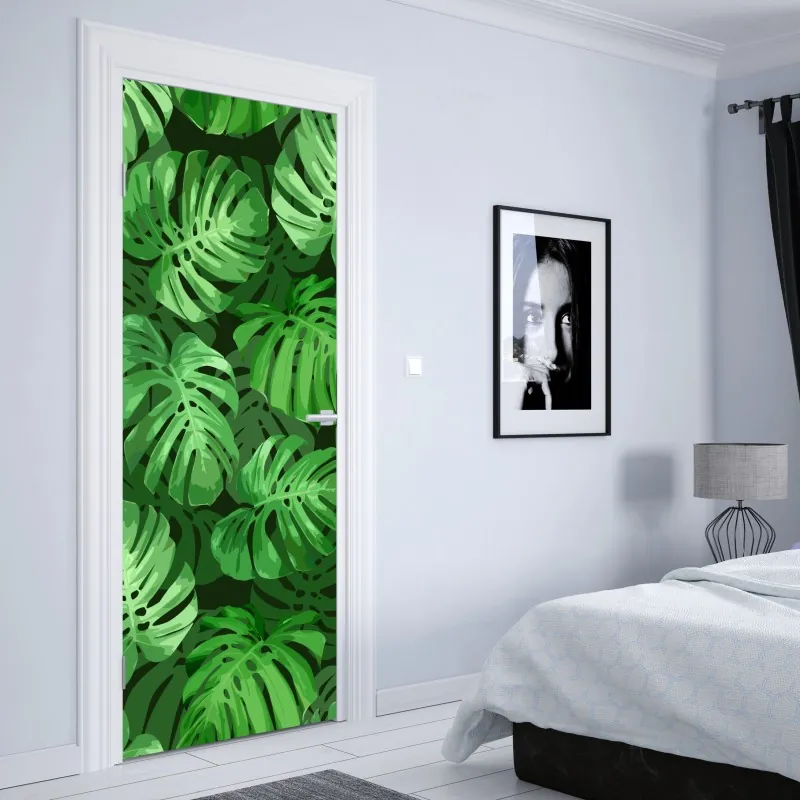 Naklejka na drzwi tropikalny wzór z liśćmi monstery – Wallissimo® Naklejka na drzwi tropikalny wzór z liśćmi monstery – Wallissimo®