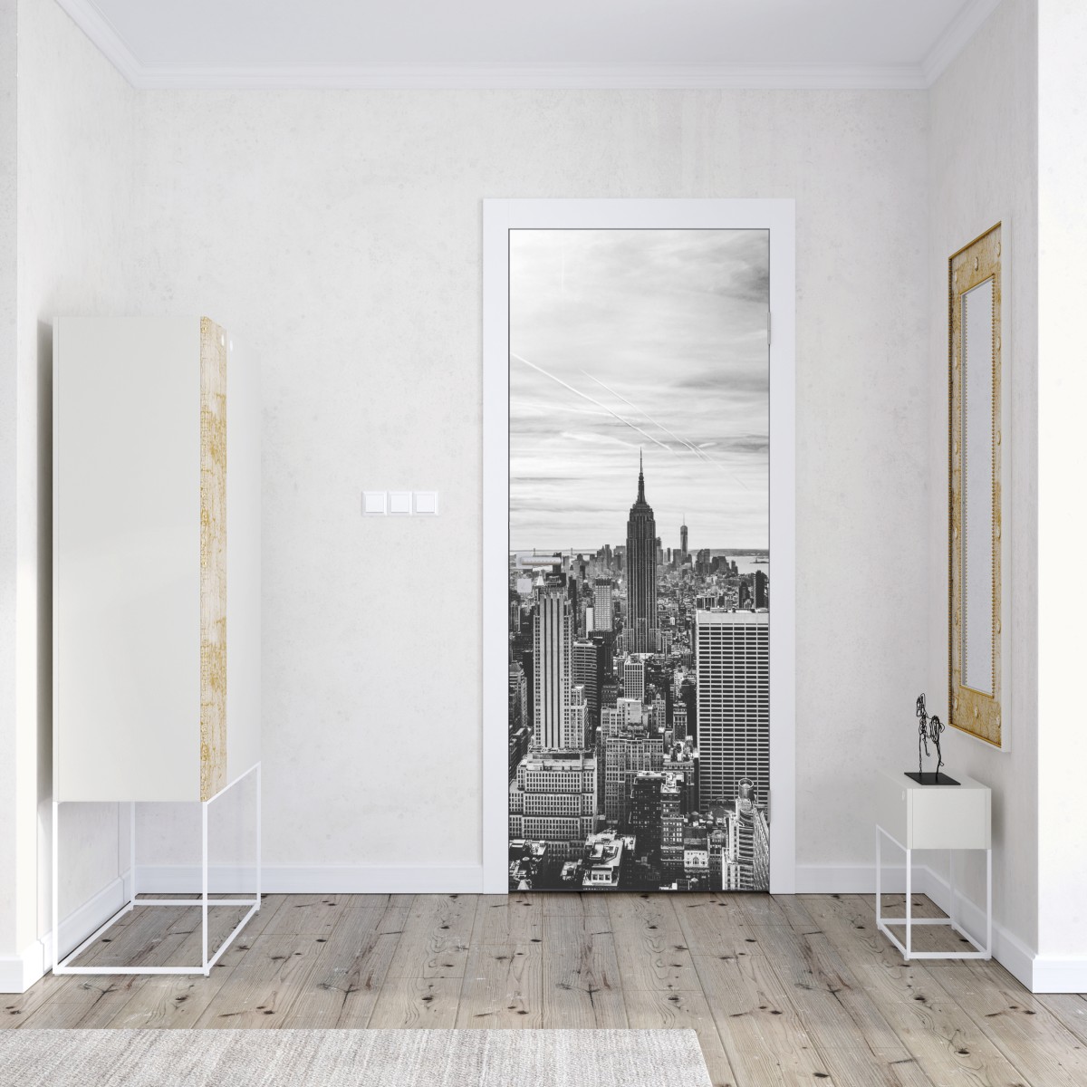 Naklejka na drzwi panorama Nowego Jorku w odcieniach szarości – Wallissimo® Naklejka na drzwi panorama Nowego Jorku w odcieniach szarości – Wallissimo®