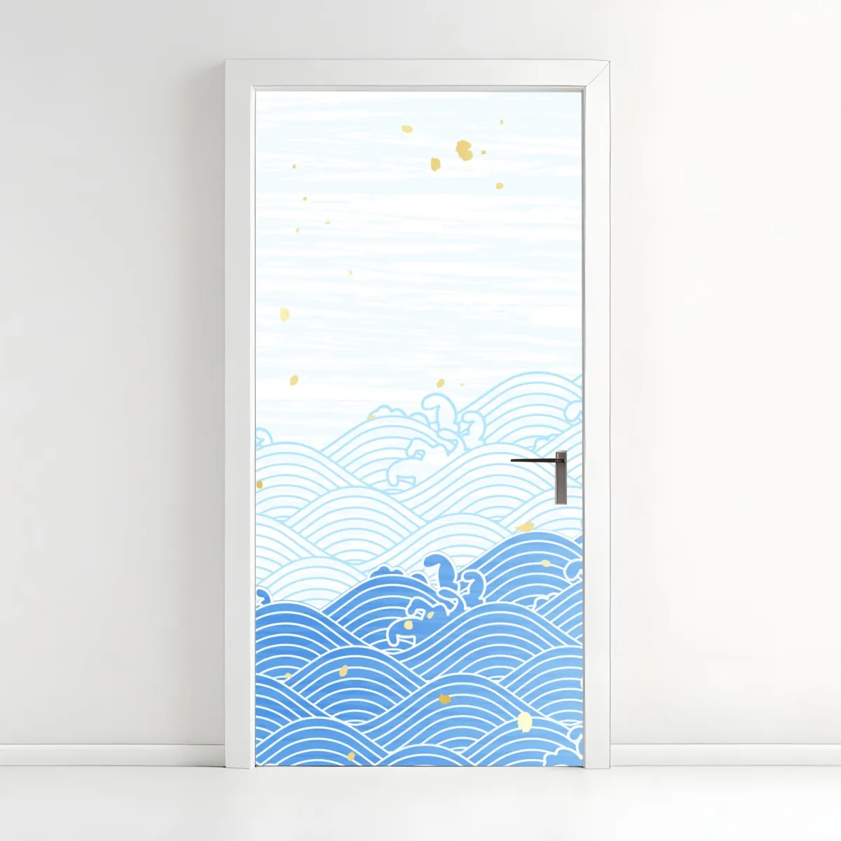 Naklejka na drzwi spokojne niebieskie fale ze złotymi akcentami – Wallissimo® Naklejka na drzwi spokojne niebieskie fale ze złotymi akcentami – Wallissimo®
