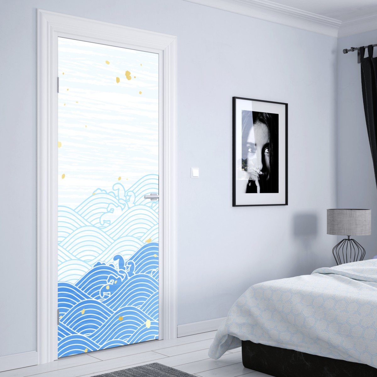 Naklejka na drzwi spokojne niebieskie fale ze złotymi akcentami – Wallissimo® Naklejka na drzwi spokojne niebieskie fale ze złotymi akcentami – Wallissimo®