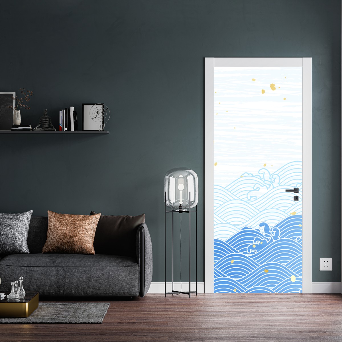 Naklejka na drzwi spokojne niebieskie fale ze złotymi akcentami – Wallissimo® Naklejka na drzwi spokojne niebieskie fale ze złotymi akcentami – Wallissimo®