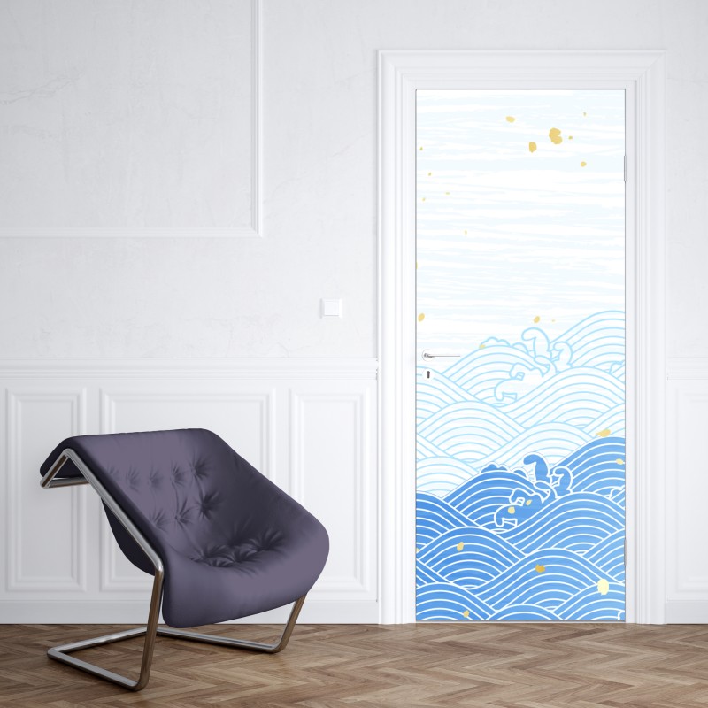 Naklejka na drzwi spokojne niebieskie fale ze złotymi akcentami – Wallissimo® Naklejka na drzwi spokojne niebieskie fale ze złotymi akcentami – Wallissimo®