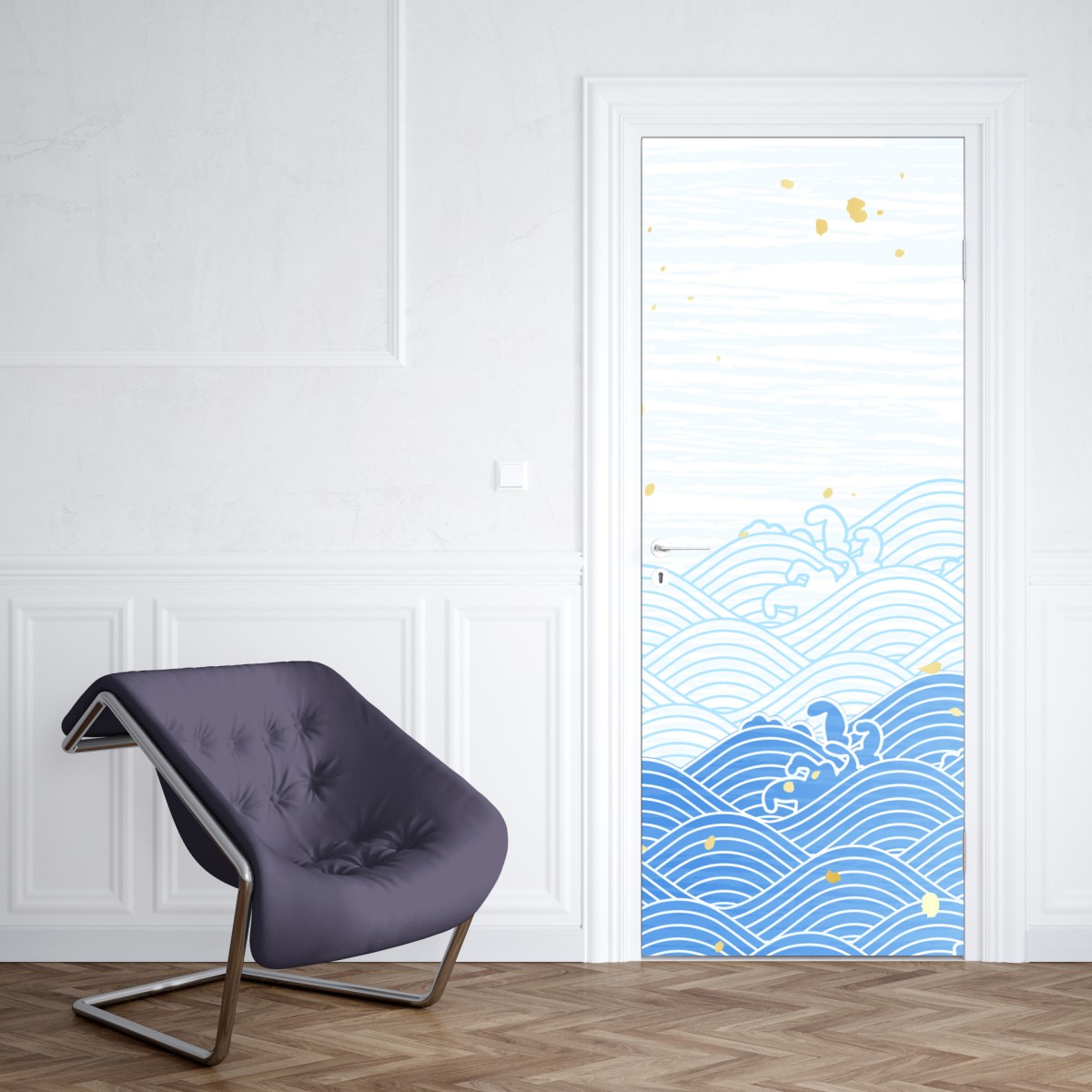 Naklejka na drzwi spokojne niebieskie fale ze złotymi akcentami – Wallissimo® Naklejka na drzwi spokojne niebieskie fale ze złotymi akcentami – Wallissimo®