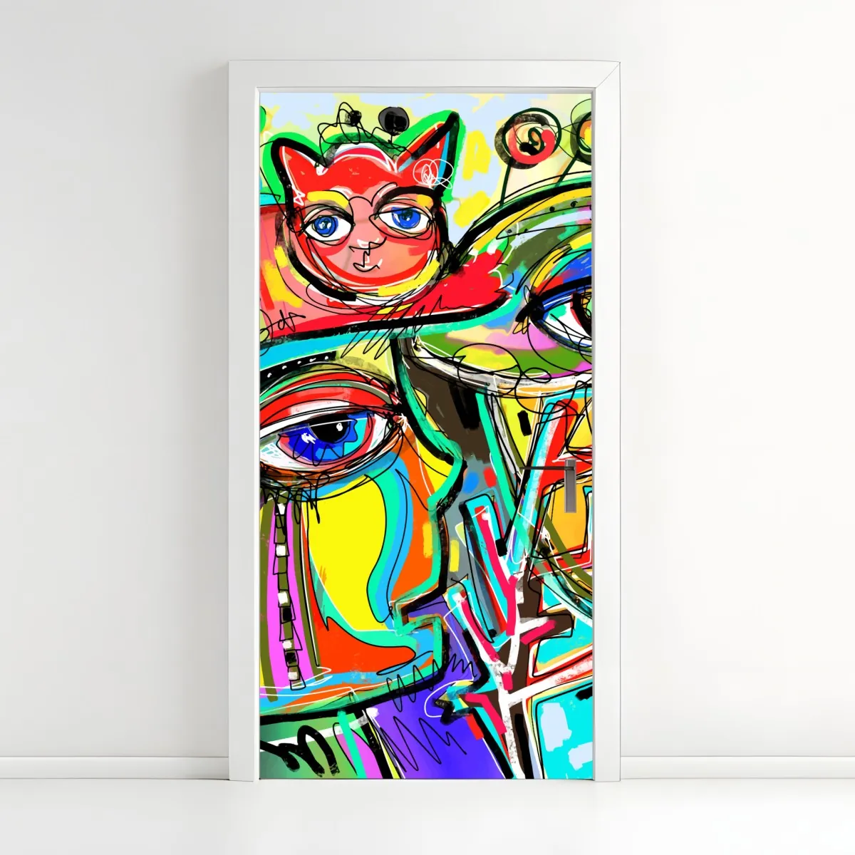 Naklejka na drzwi żywe abstrakcyjne twarze z kotem i ptakiem – Wallissimo® Naklejka na drzwi żywe abstrakcyjne twarze z kotem i ptakiem – Wallissimo®