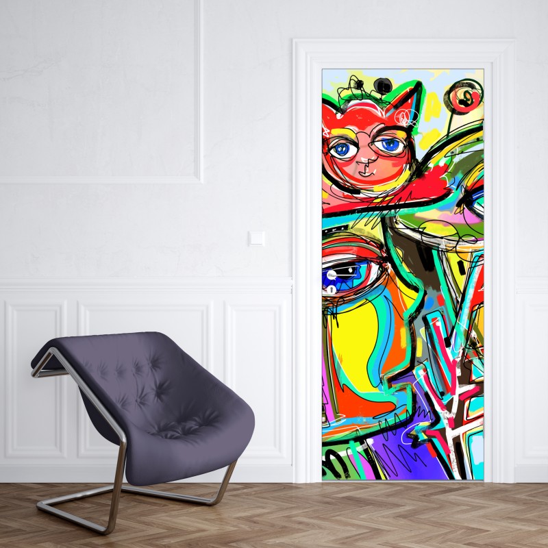 Naklejka na drzwi żywe abstrakcyjne twarze z kotem i ptakiem – Wallissimo® Naklejka na drzwi żywe abstrakcyjne twarze z kotem i ptakiem – Wallissimo®