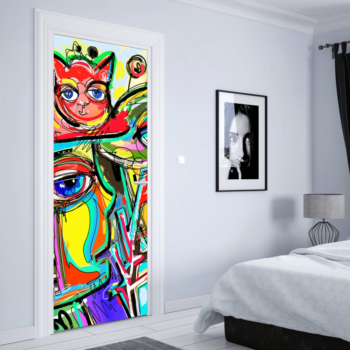 Naklejka na drzwi żywe abstrakcyjne twarze z kotem i ptakiem – Wallissimo® Naklejka na drzwi żywe abstrakcyjne twarze z kotem i ptakiem – Wallissimo®