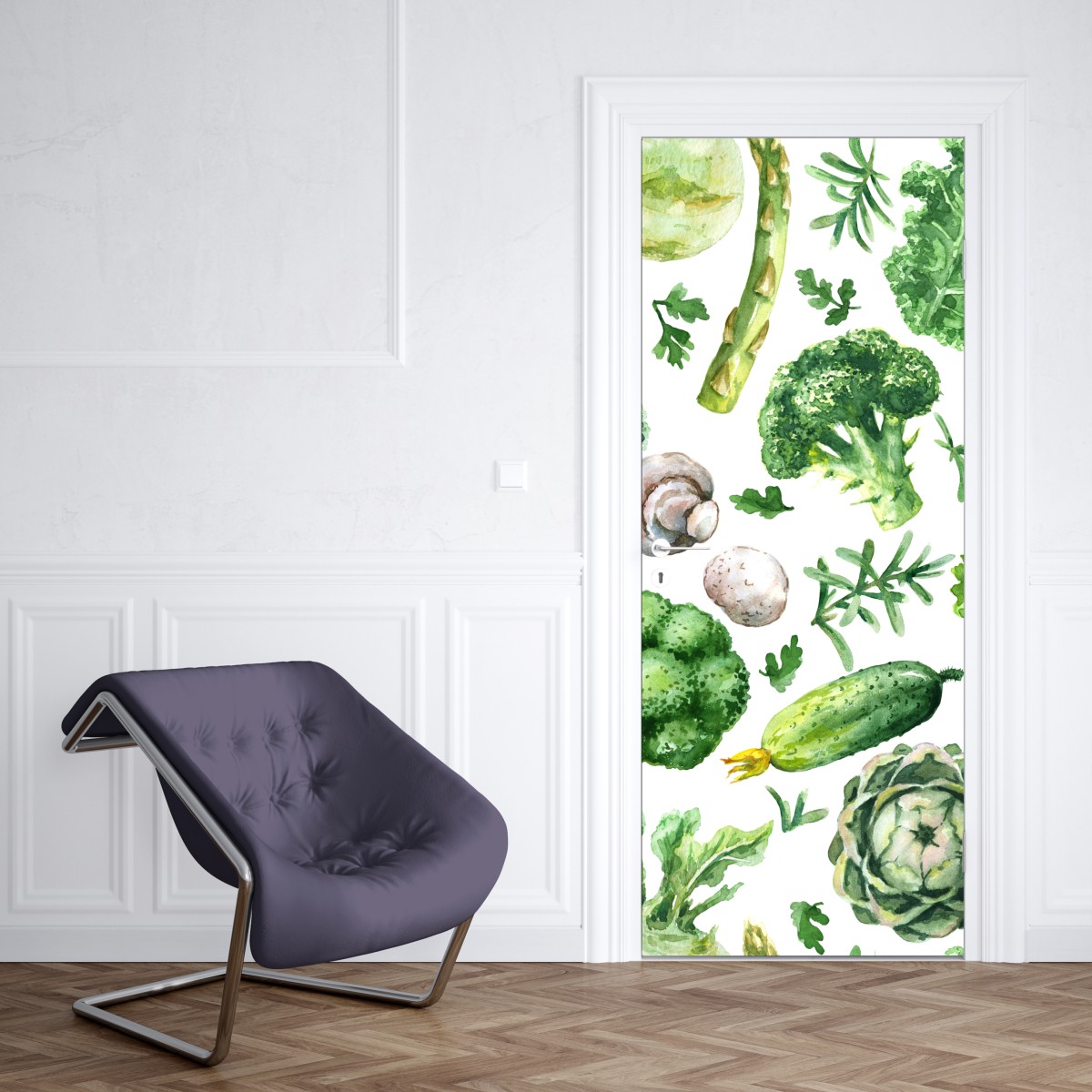 Naklejka na drzwi akwarelowy wzór zielonych warzyw – Wallissimo® Naklejka na drzwi akwarelowy wzór zielonych warzyw – Wallissimo®