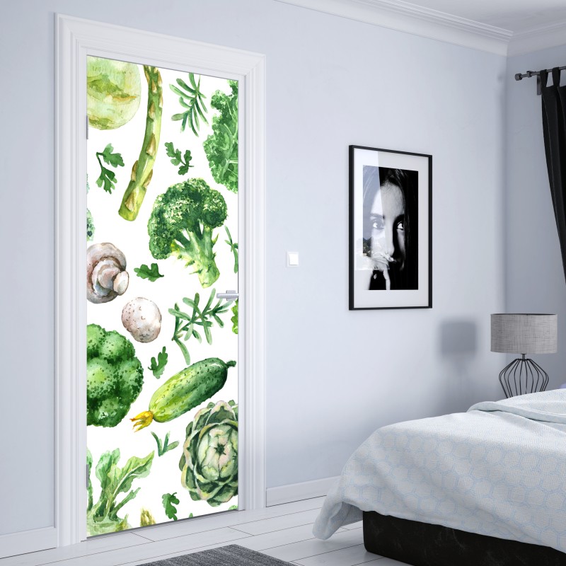 Naklejka na drzwi akwarelowy wzór zielonych warzyw – Wallissimo® Naklejka na drzwi akwarelowy wzór zielonych warzyw – Wallissimo®