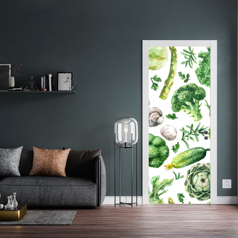 Naklejka na drzwi akwarelowy wzór zielonych warzyw – Wallissimo® Naklejka na drzwi akwarelowy wzór zielonych warzyw – Wallissimo®
