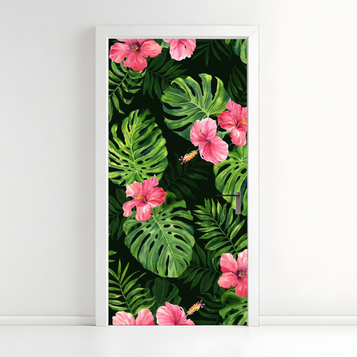 Door sticker tropical monstera and hibiscus botanical pattern