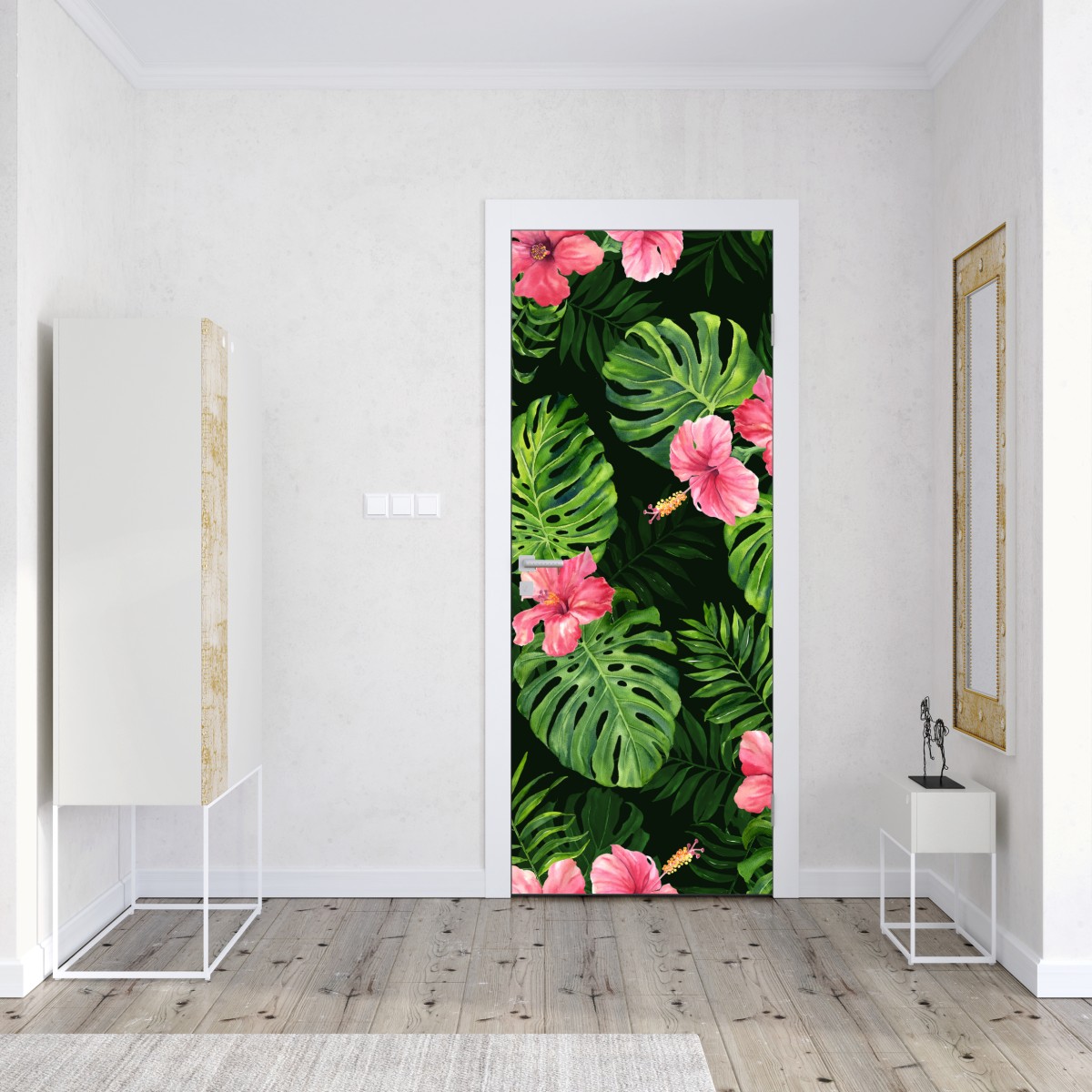 Naklejka na drzwi tropikalny wzór z monsterą i hibiskusem – Wallissimo® Naklejka na drzwi tropikalny wzór z monsterą i hibiskusem – Wallissimo®