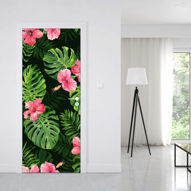 Naklejka na drzwi tropikalny wzór z monsterą i hibiskusem – Wallissimo® Naklejka na drzwi tropikalny wzór z monsterą i hibiskusem – Wallissimo®