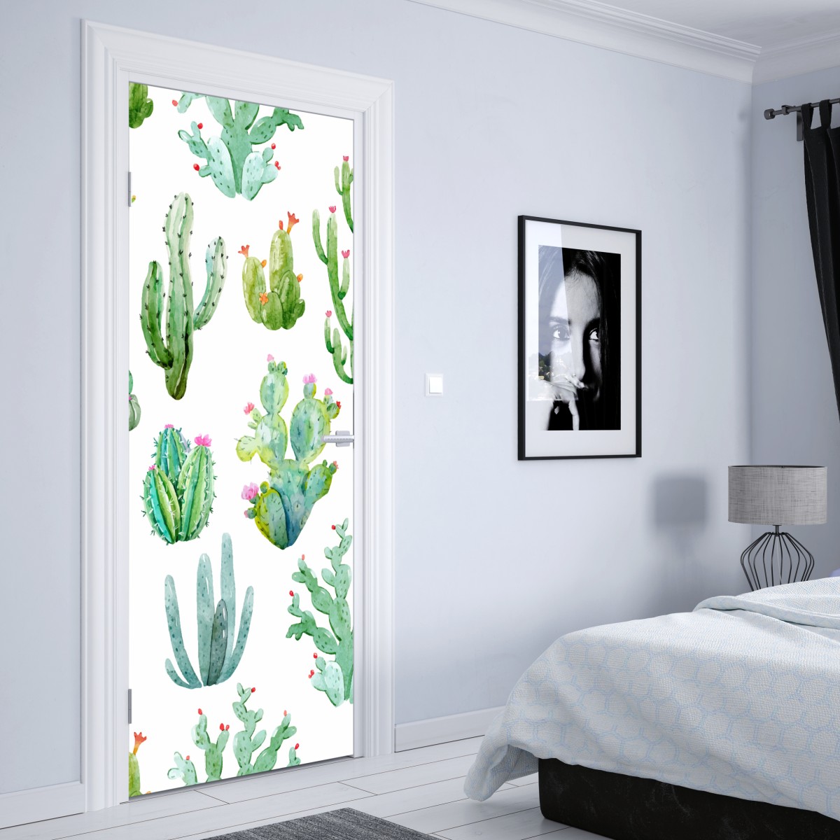 Naklejka na drzwi akwarelowy wzór ogrodu kaktusów – Wallissimo® Naklejka na drzwi akwarelowy wzór ogrodu kaktusów – Wallissimo®