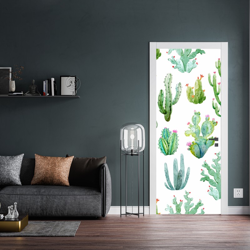 Naklejka na drzwi akwarelowy wzór ogrodu kaktusów – Wallissimo® Naklejka na drzwi akwarelowy wzór ogrodu kaktusów – Wallissimo®