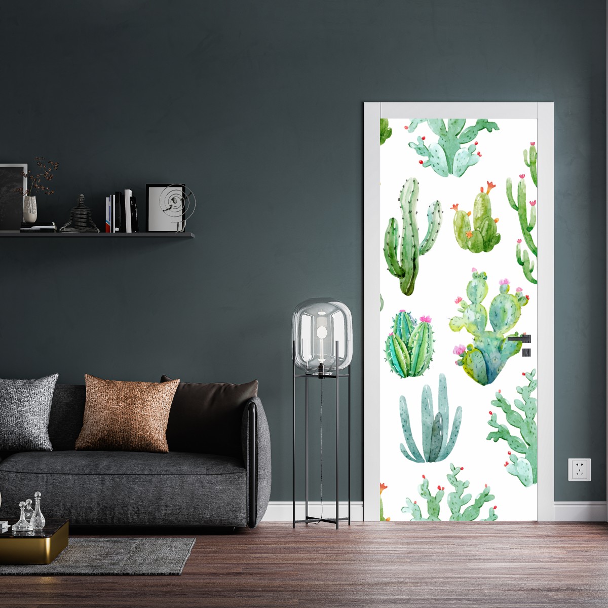 Naklejka na drzwi akwarelowy wzór ogrodu kaktusów – Wallissimo® Naklejka na drzwi akwarelowy wzór ogrodu kaktusów – Wallissimo®