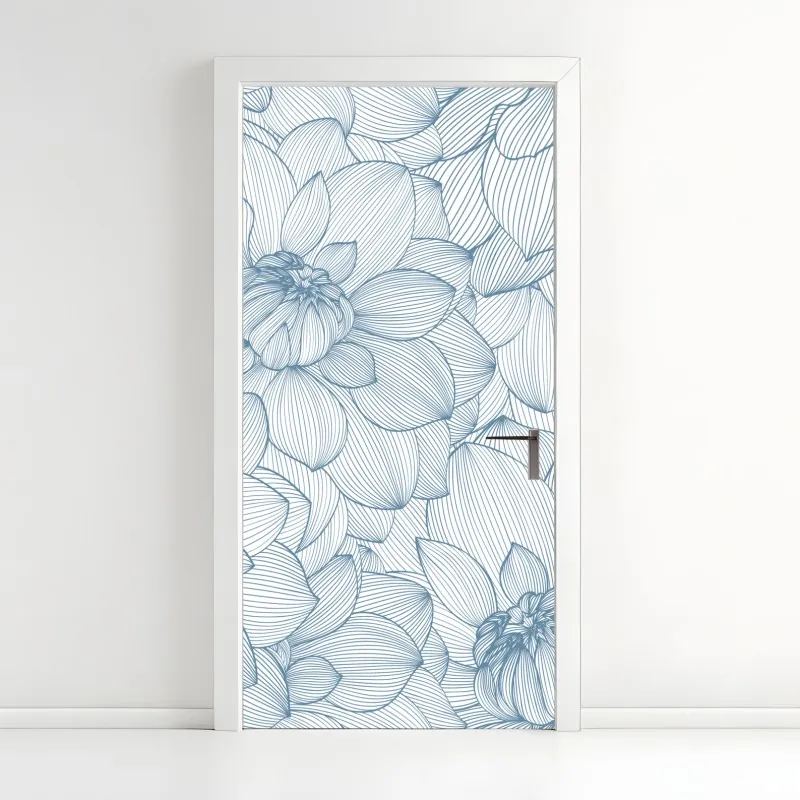 Naklejka na drzwi delikatny, liniowy wzór kwiatowy w odcieniach niebieskiego