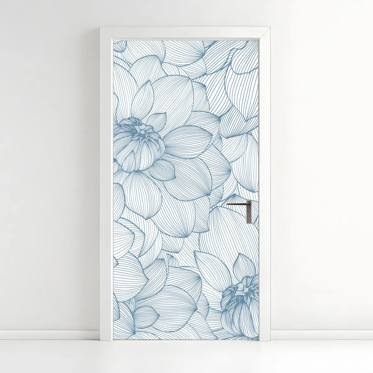 Naklejka na drzwi delikatny, liniowy wzór kwiatowy w odcieniach niebieskiego – Wallissimo® Naklejka na drzwi delikatny, liniowy wzór kwiatowy w odcieniach niebieskiego – Wallissimo®