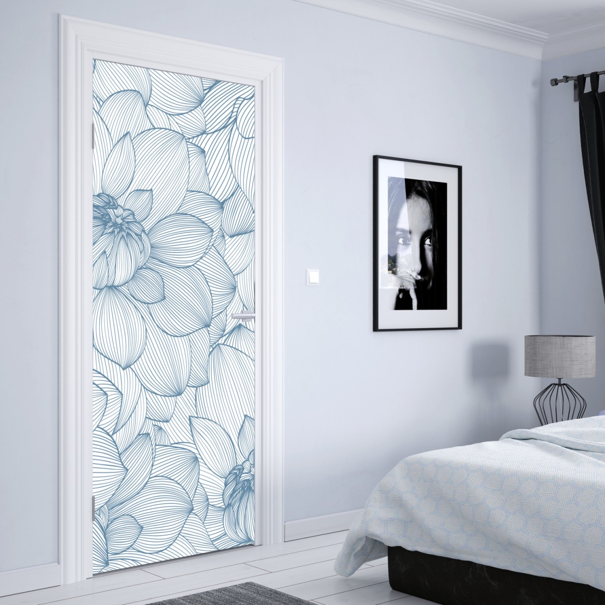 Naklejka na drzwi delikatny, liniowy wzór kwiatowy w odcieniach niebieskiego – Wallissimo® Naklejka na drzwi delikatny, liniowy wzór kwiatowy w odcieniach niebieskiego – Wallissimo®