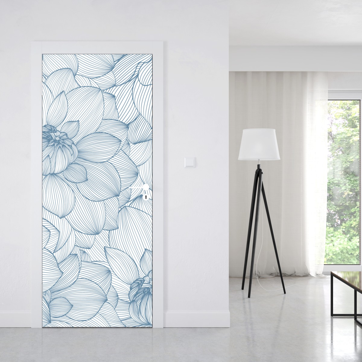 Naklejka na drzwi delikatny, liniowy wzór kwiatowy w odcieniach niebieskiego – Wallissimo® Naklejka na drzwi delikatny, liniowy wzór kwiatowy w odcieniach niebieskiego – Wallissimo®