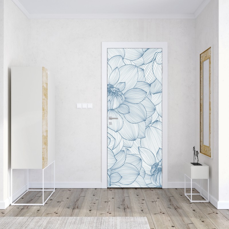 Naklejka na drzwi delikatny, liniowy wzór kwiatowy w odcieniach niebieskiego – Wallissimo® Naklejka na drzwi delikatny, liniowy wzór kwiatowy w odcieniach niebieskiego – Wallissimo®