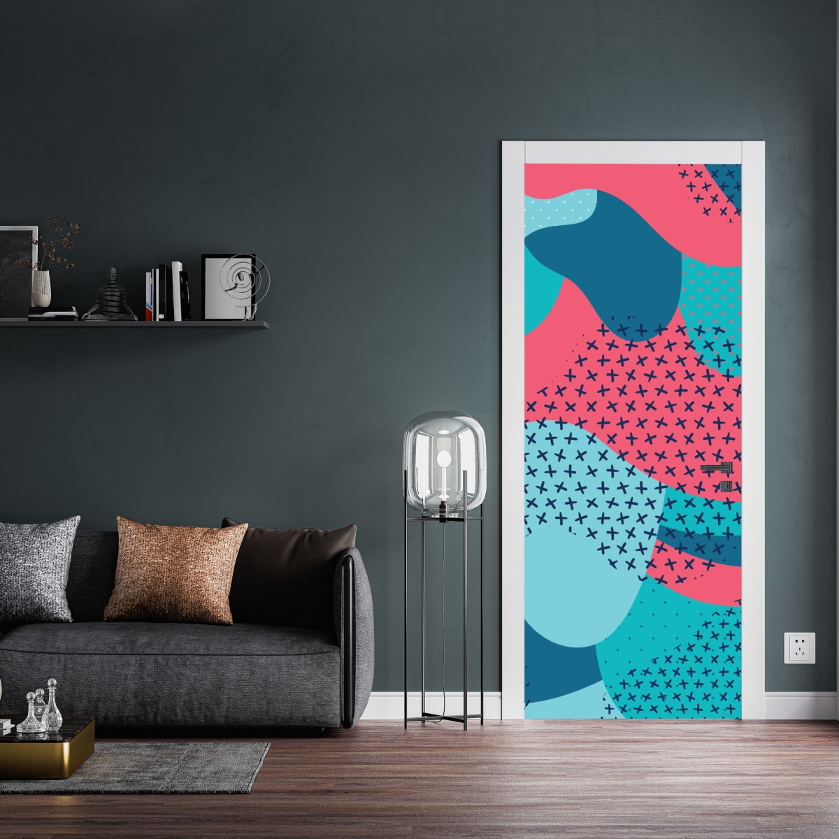 Naklejka na drzwi abstrakcyjny falisty wzór w turkusie i koralu – Wallissimo® Naklejka na drzwi abstrakcyjny falisty wzór w turkusie i koralu – Wallissimo®