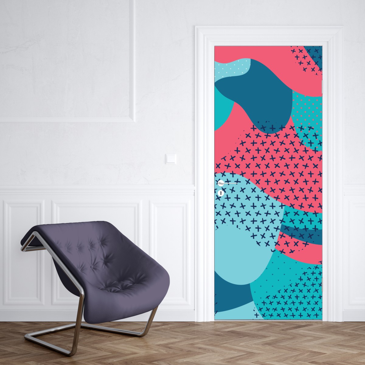 Naklejka na drzwi abstrakcyjny falisty wzór w turkusie i koralu – Wallissimo® Naklejka na drzwi abstrakcyjny falisty wzór w turkusie i koralu – Wallissimo®