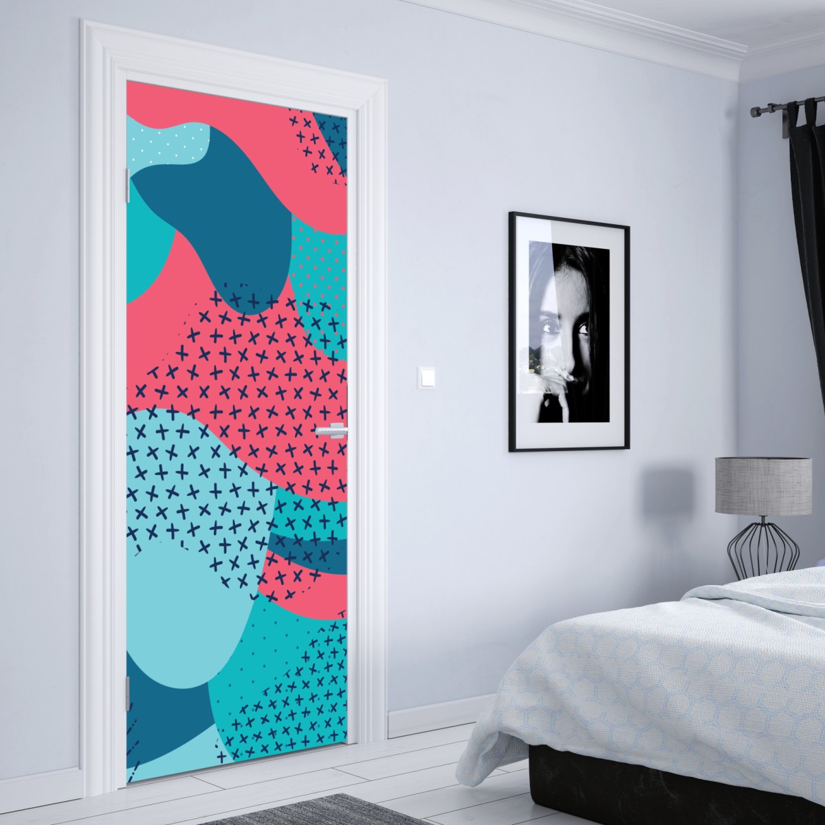 Naklejka na drzwi abstrakcyjny falisty wzór w turkusie i koralu – Wallissimo® Naklejka na drzwi abstrakcyjny falisty wzór w turkusie i koralu – Wallissimo®