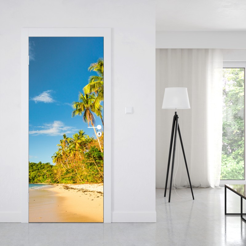Naklejka na drzwi złota tropikalna plaża o zachodzie słońca – Wallissimo® Naklejka na drzwi złota tropikalna plaża o zachodzie słońca – Wallissimo®