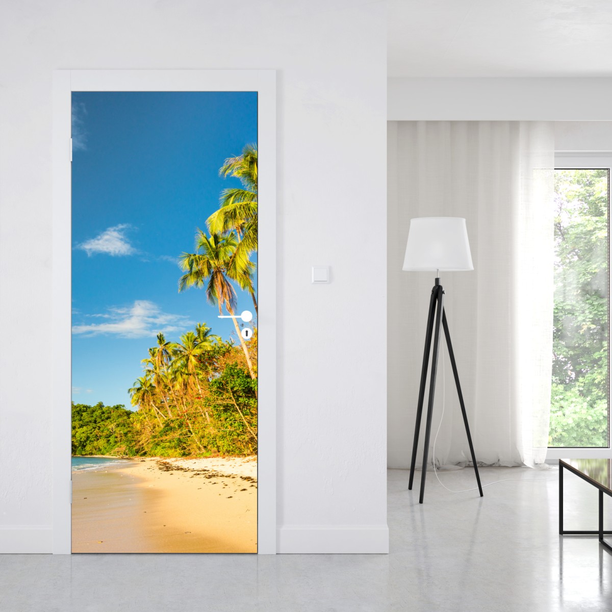 Naklejka na drzwi złota tropikalna plaża o zachodzie słońca – Wallissimo® Naklejka na drzwi złota tropikalna plaża o zachodzie słońca – Wallissimo®