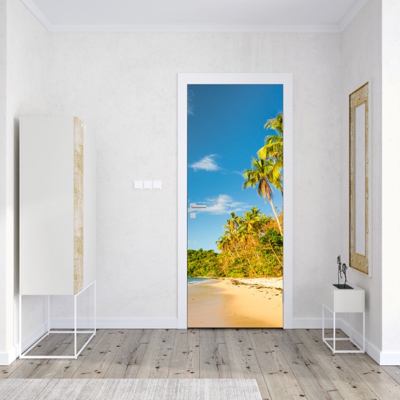 Naklejka na drzwi złota tropikalna plaża o zachodzie słońca – Wallissimo® Naklejka na drzwi złota tropikalna plaża o zachodzie słońca – Wallissimo®