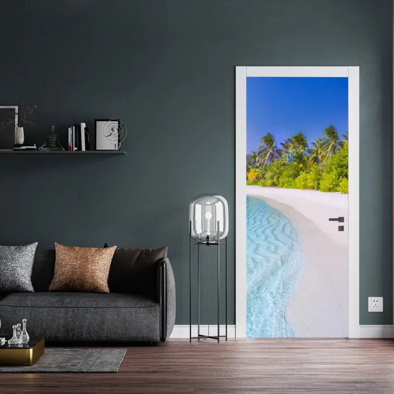 Naklejka na drzwi delikatne białe liście na szarym tle – Wallissimo®